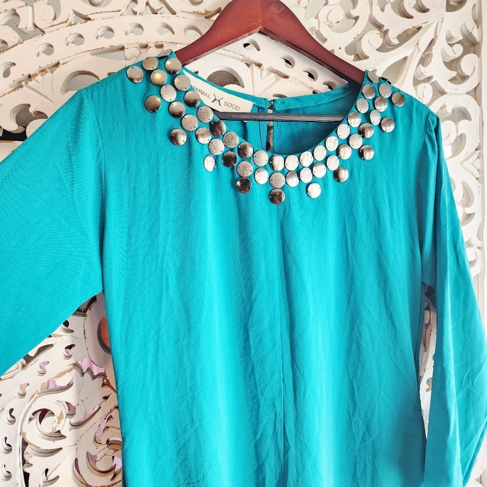 KOMMAL SOOD TEAL MAXI DRESS LONG SLEEVE NECK DETAIL SIZE MEDIUM - Picture 8 of 15